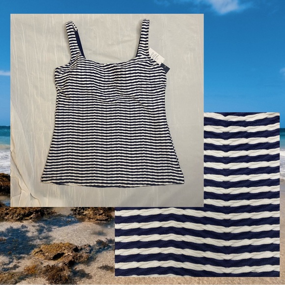 Lands’ End New Textured Square Neck Tankini Top 8 Navy Blue White Swimsuit - Picture 3 of 10
